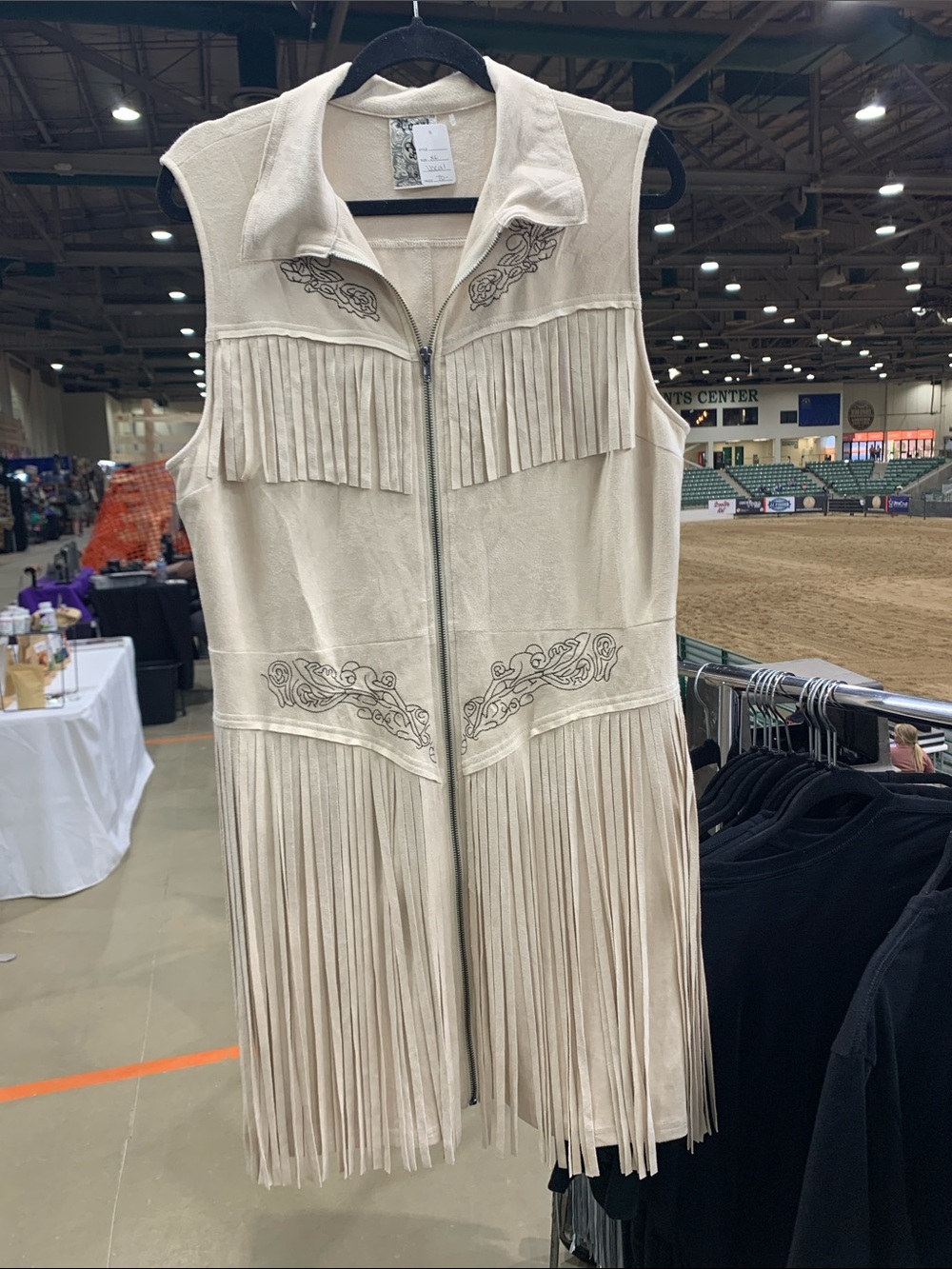 Vocal Sleeveless Cream Fringe Zip-Front Dress with Embroidered Detail